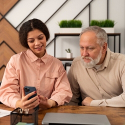 Young woman showing smartphone to an older man, symbolizing convenient digital services